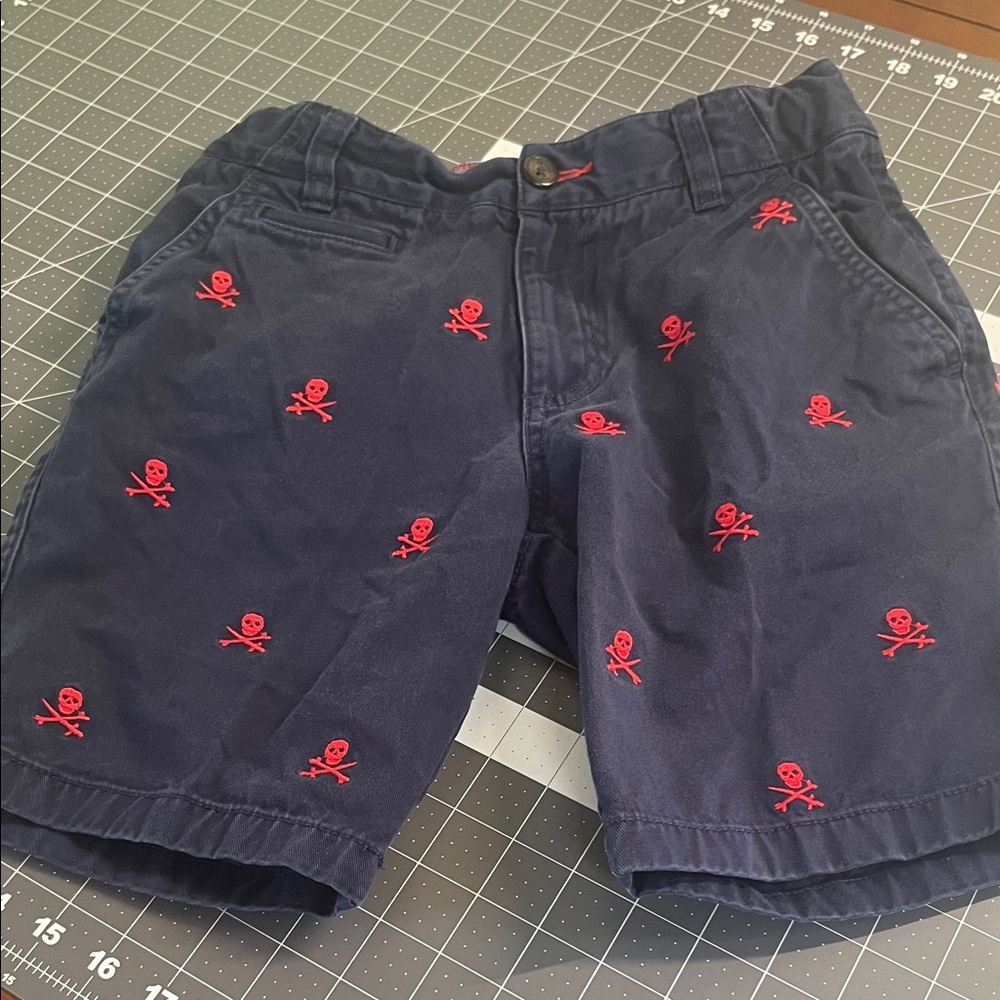 Boden Navy Shorts with Embroidered Red Skulls